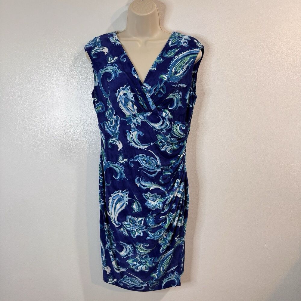 Lauren Ralph Lauren Shirt Dress 12P Petite Blue Paisley Wrap Ruched V-neck Beach